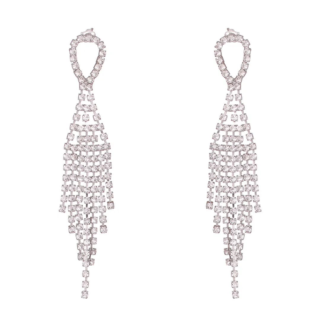 Contemporary White Diamante Crystal Studded Silver -Toned Oval Studded Tassel Drop Earrings