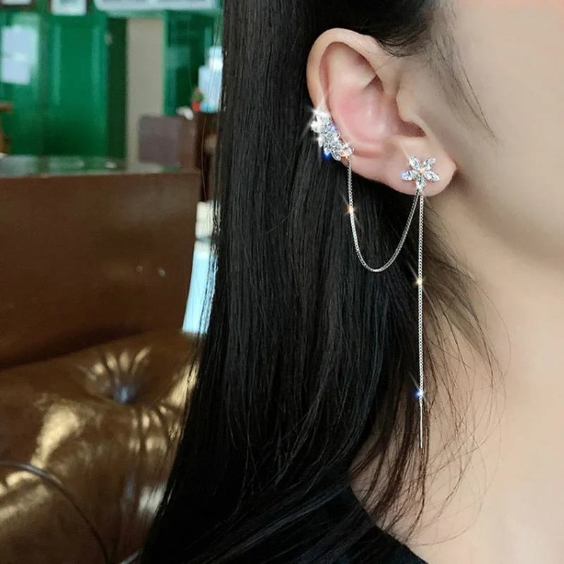Crystal Trendy Water Flower Tassel Earbone Clip  Ins Earrings