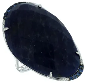 ESTATE EXTRA LARGE 31.26CT DIAMOND AAA SAPPHIRE & SODALITE 14KT WHITE GOLD RING