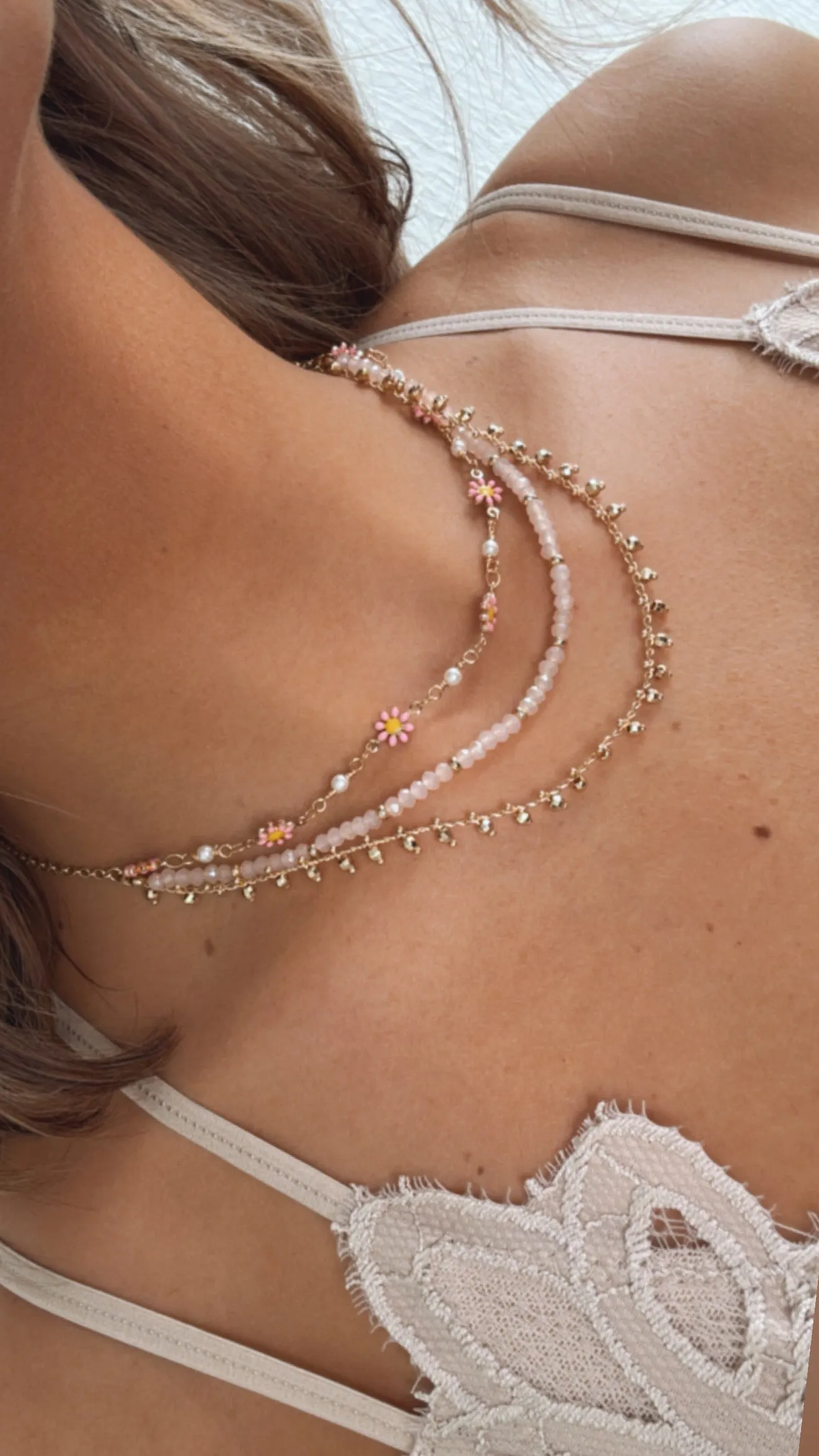 Flowing Flowers Layered Necklace, Pink