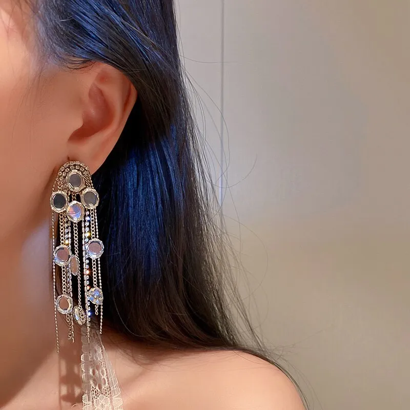 Geometric Oval Crystal Earrings for Women Bijoux Long Tassel Rhinestone Dangle Earrings