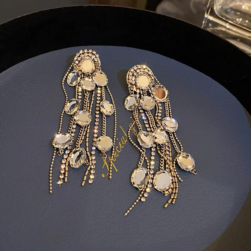 Geometric Oval Crystal Earrings for Women Bijoux Long Tassel Rhinestone Dangle Earrings