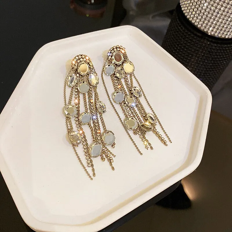 Geometric Oval Crystal Earrings for Women Bijoux Long Tassel Rhinestone Dangle Earrings