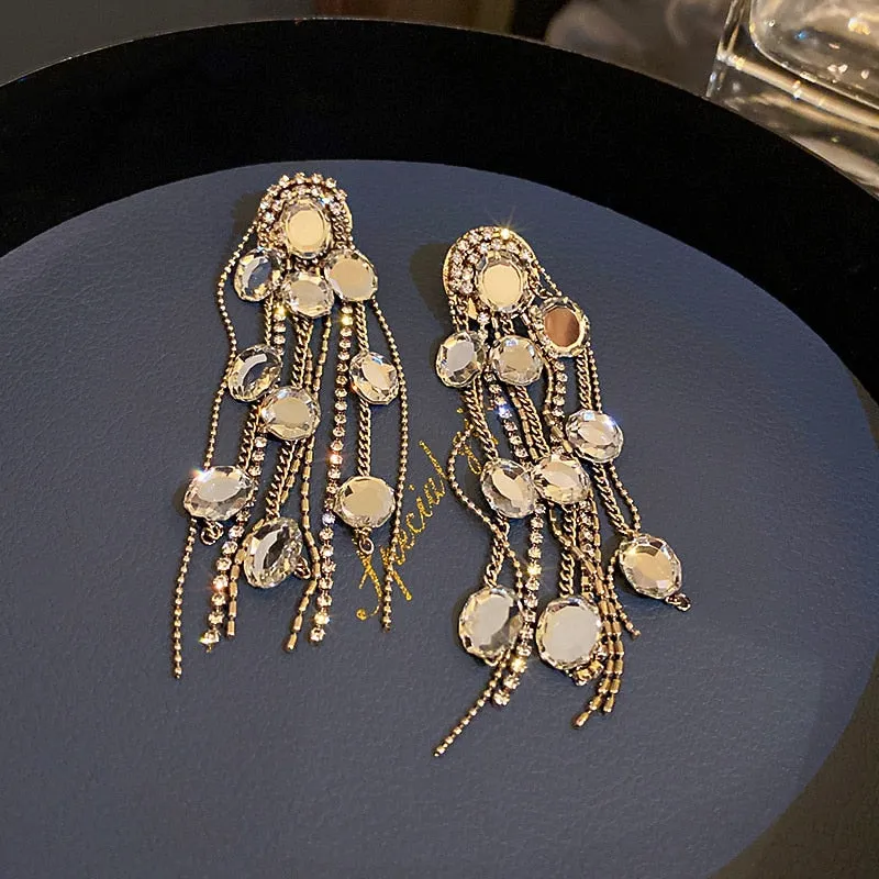 Geometric Oval Crystal Earrings for Women Bijoux Long Tassel Rhinestone Dangle Earrings