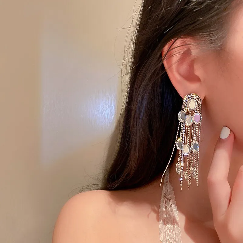 Geometric Oval Crystal Earrings for Women Bijoux Long Tassel Rhinestone Dangle Earrings