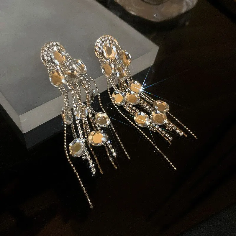 Geometric Oval Crystal Earrings for Women Bijoux Long Tassel Rhinestone Dangle Earrings