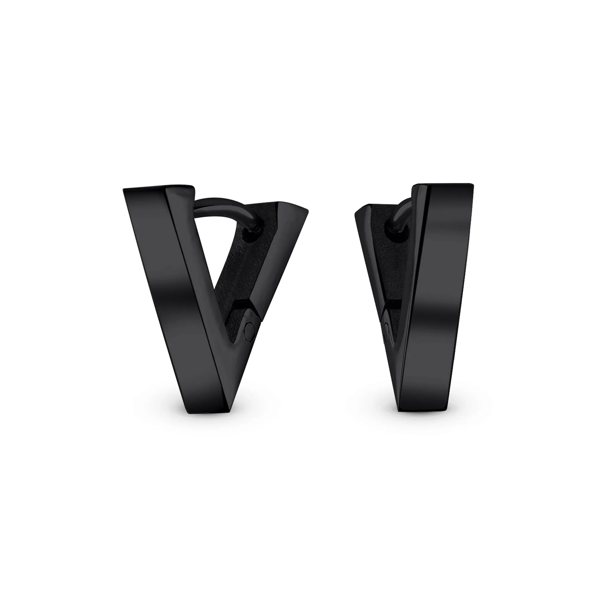Geometric Triangle Black Silver Hoop Huggie Earrings for Men Stainless Steel