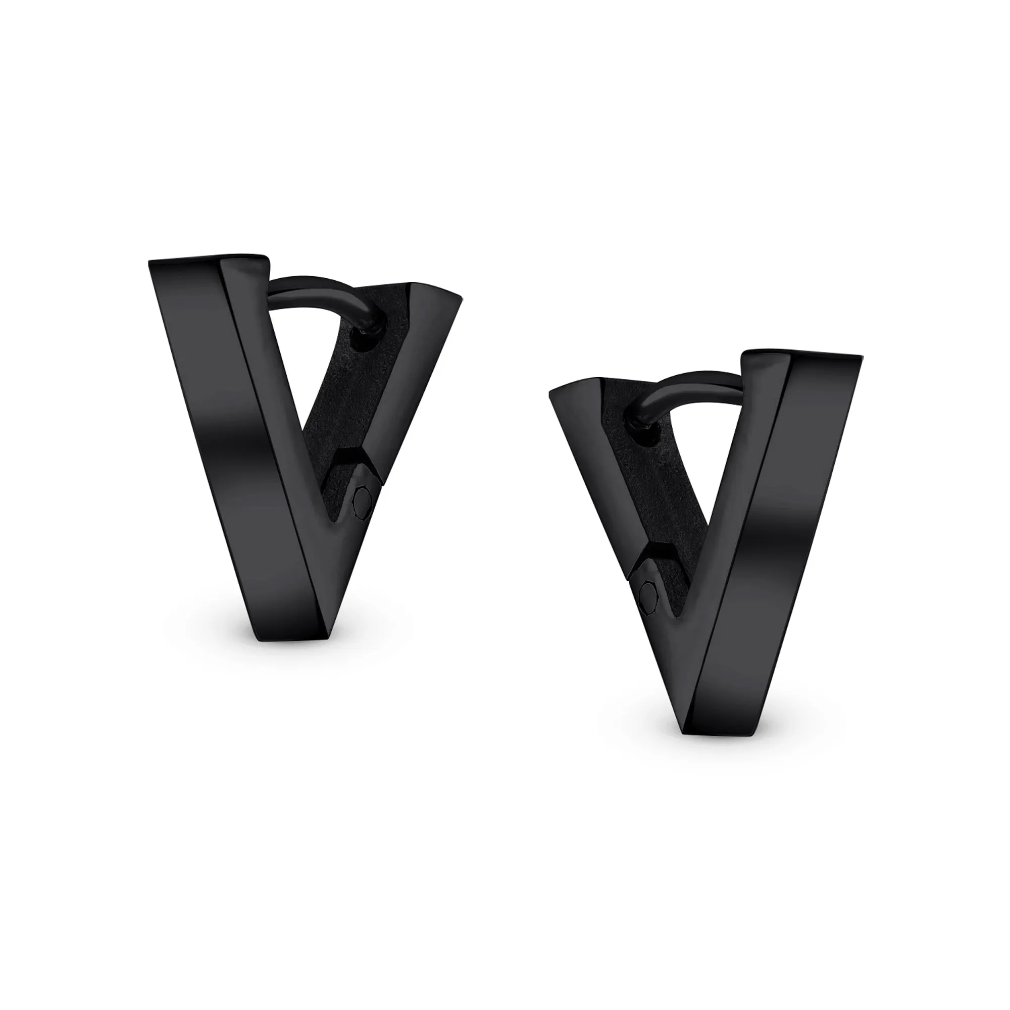 Geometric Triangle Black Silver Hoop Huggie Earrings for Men Stainless Steel