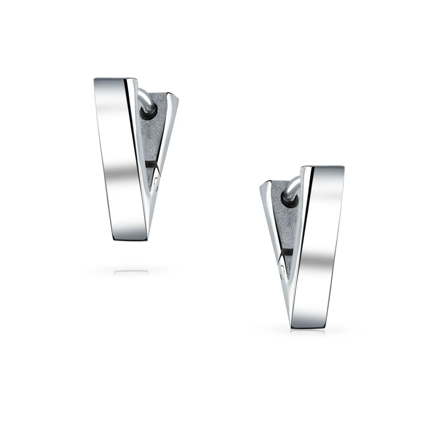 Geometric Triangle Black Silver Hoop Huggie Earrings for Men Stainless Steel