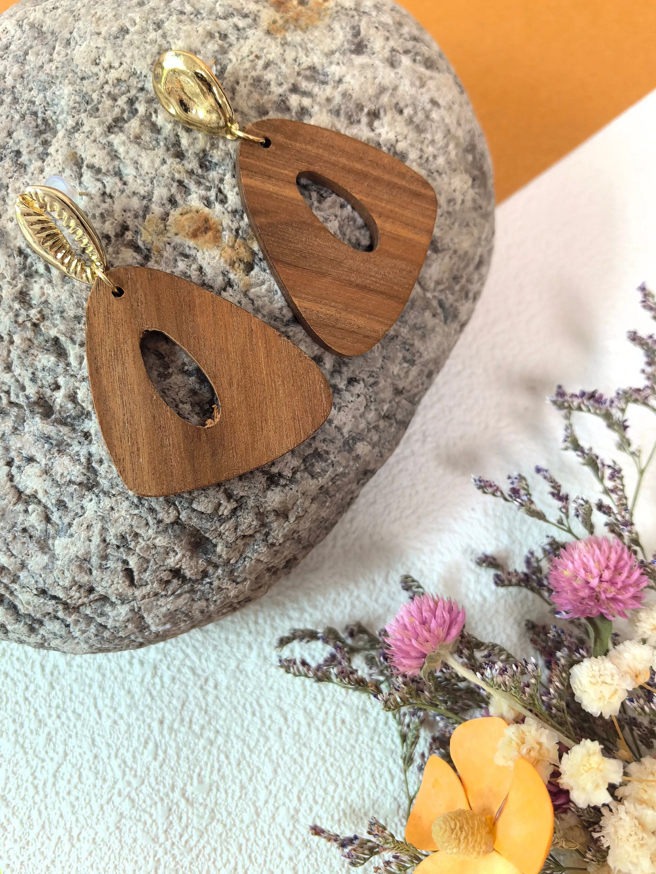 Geometric Wood Triangle Hoop Statement Drop Earrings