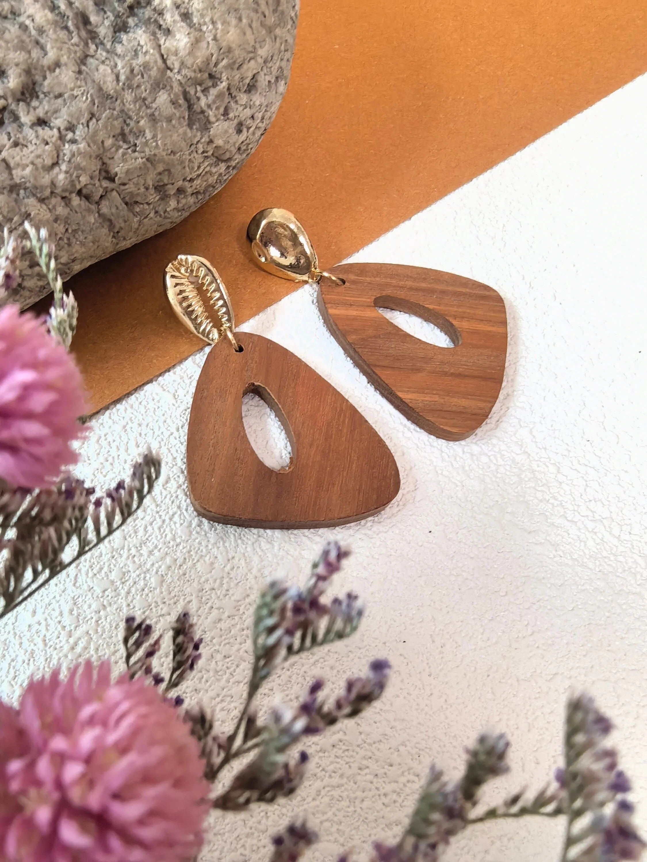 Geometric Wood Triangle Hoop Statement Drop Earrings