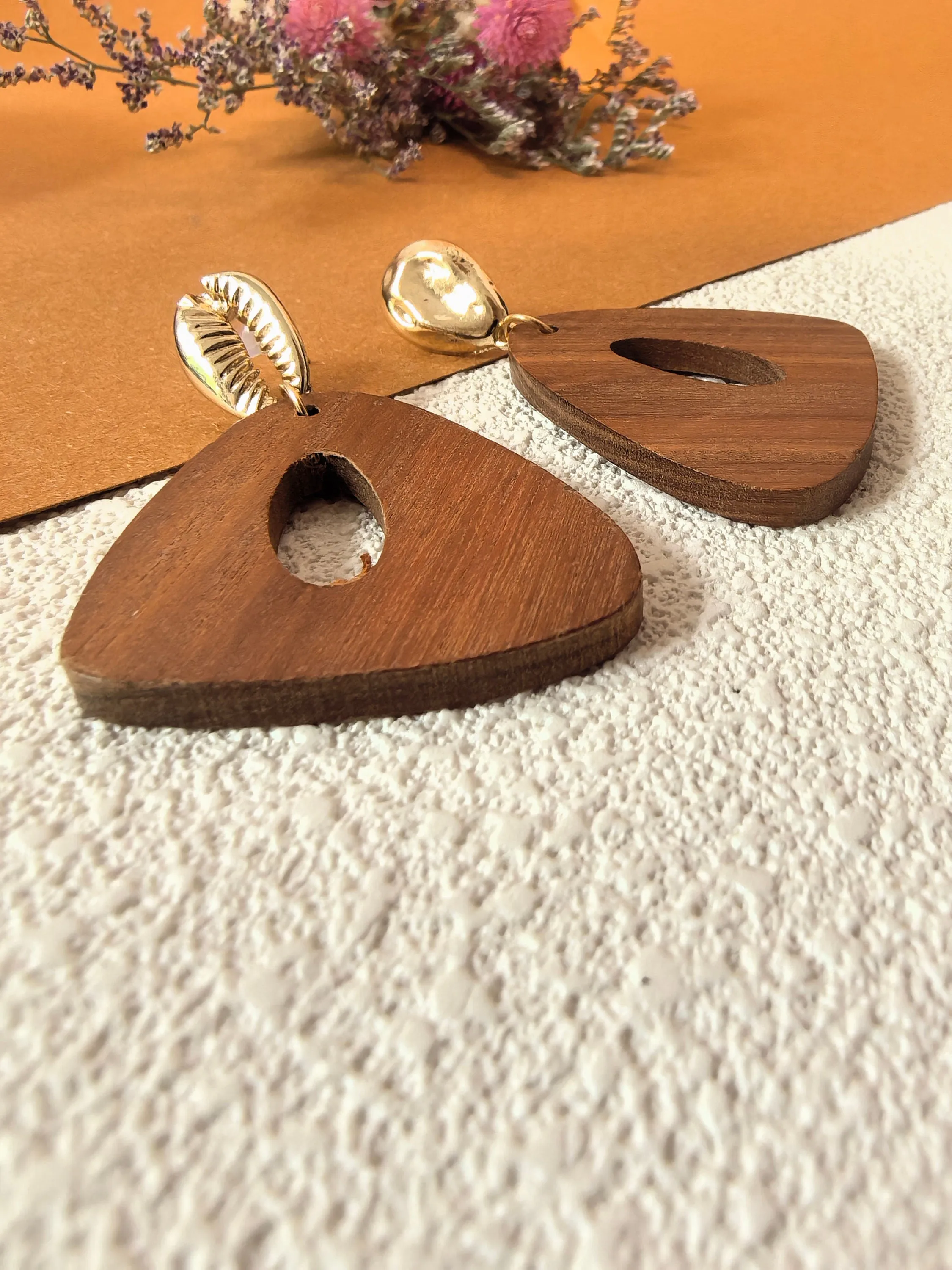 Geometric Wood Triangle Hoop Statement Drop Earrings