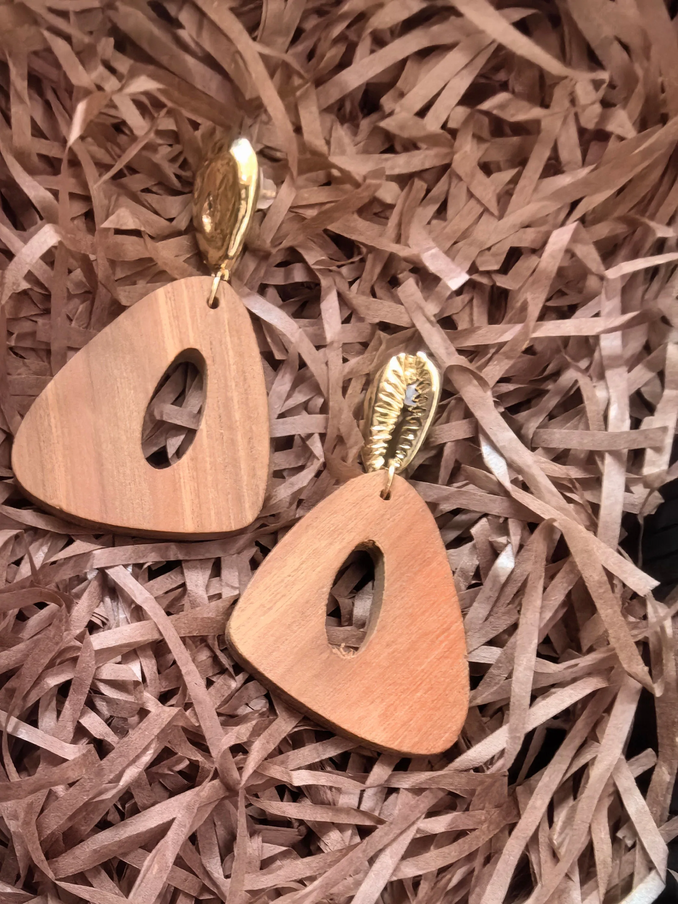 Geometric Wood Triangle Hoop Statement Drop Earrings
