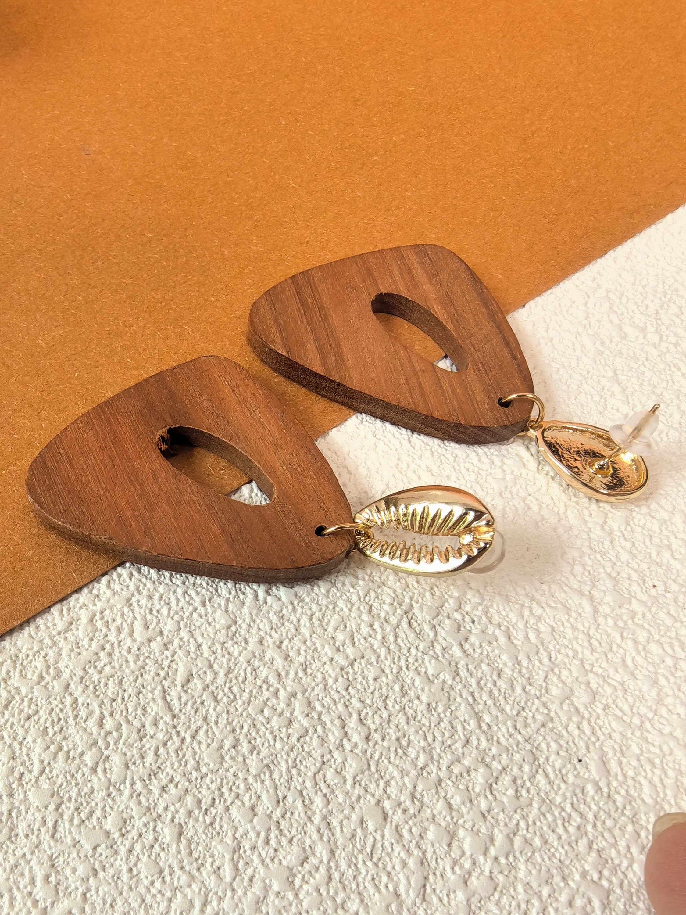 Geometric Wood Triangle Hoop Statement Drop Earrings