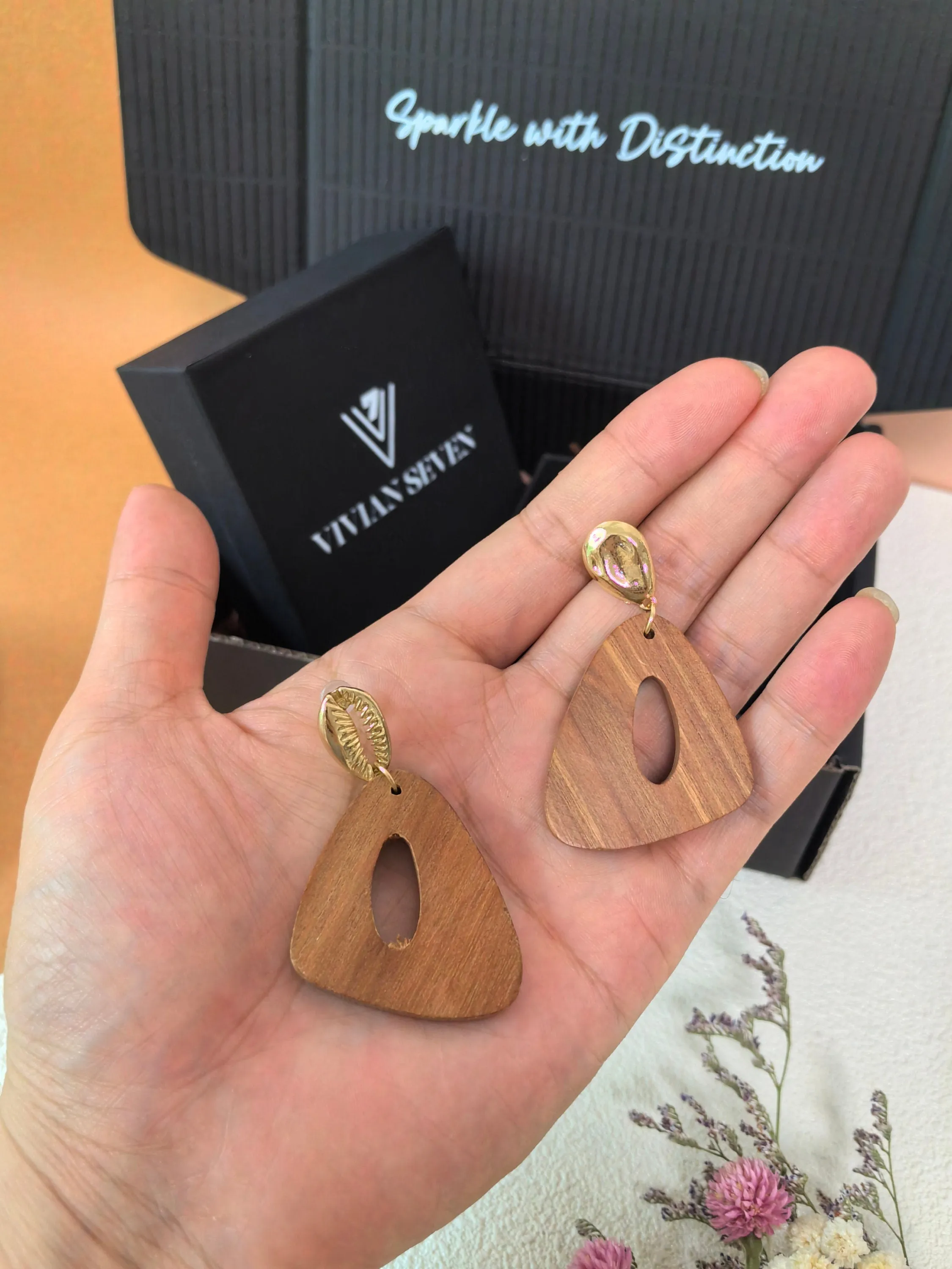Geometric Wood Triangle Hoop Statement Drop Earrings