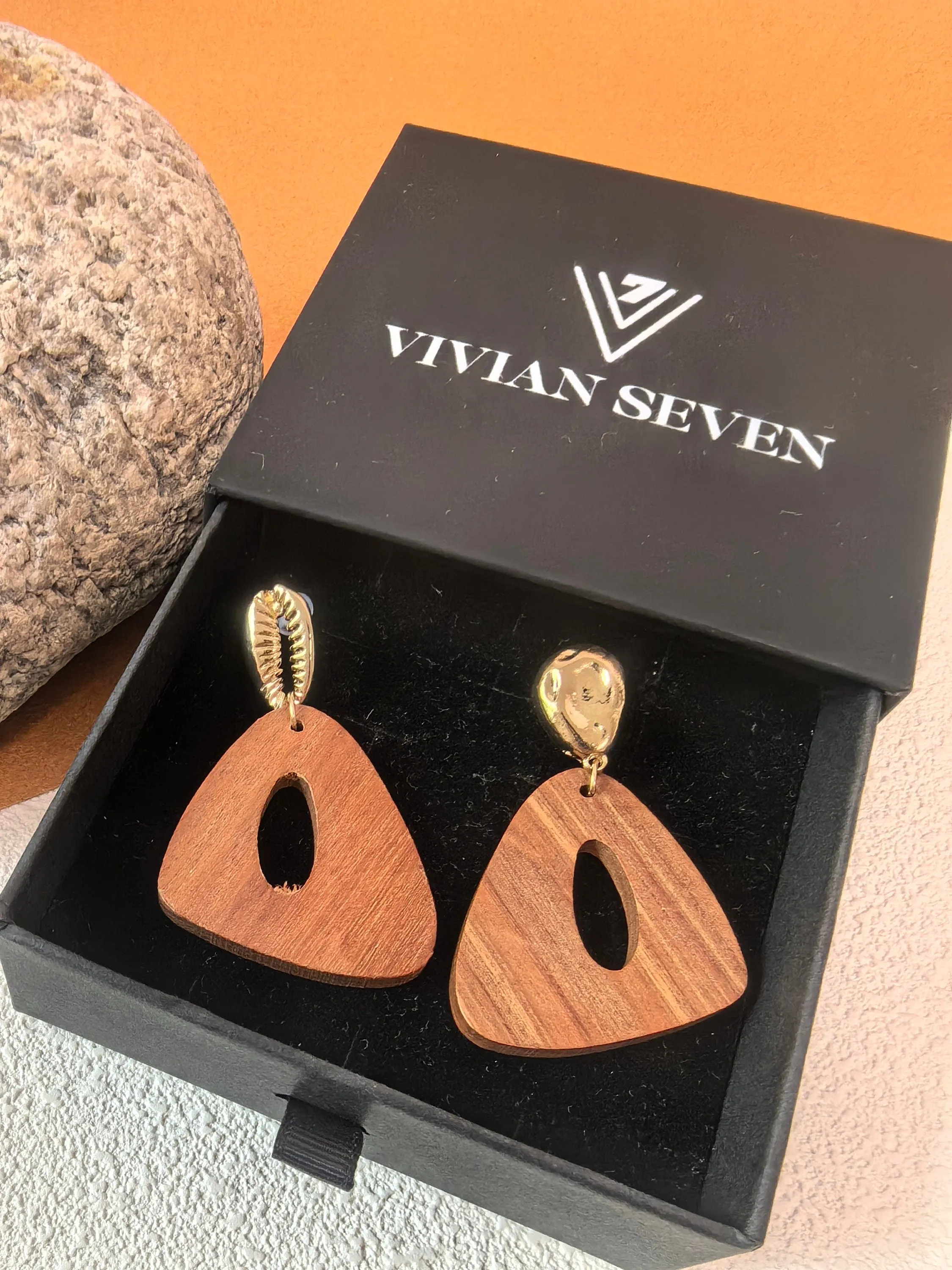 Geometric Wood Triangle Hoop Statement Drop Earrings