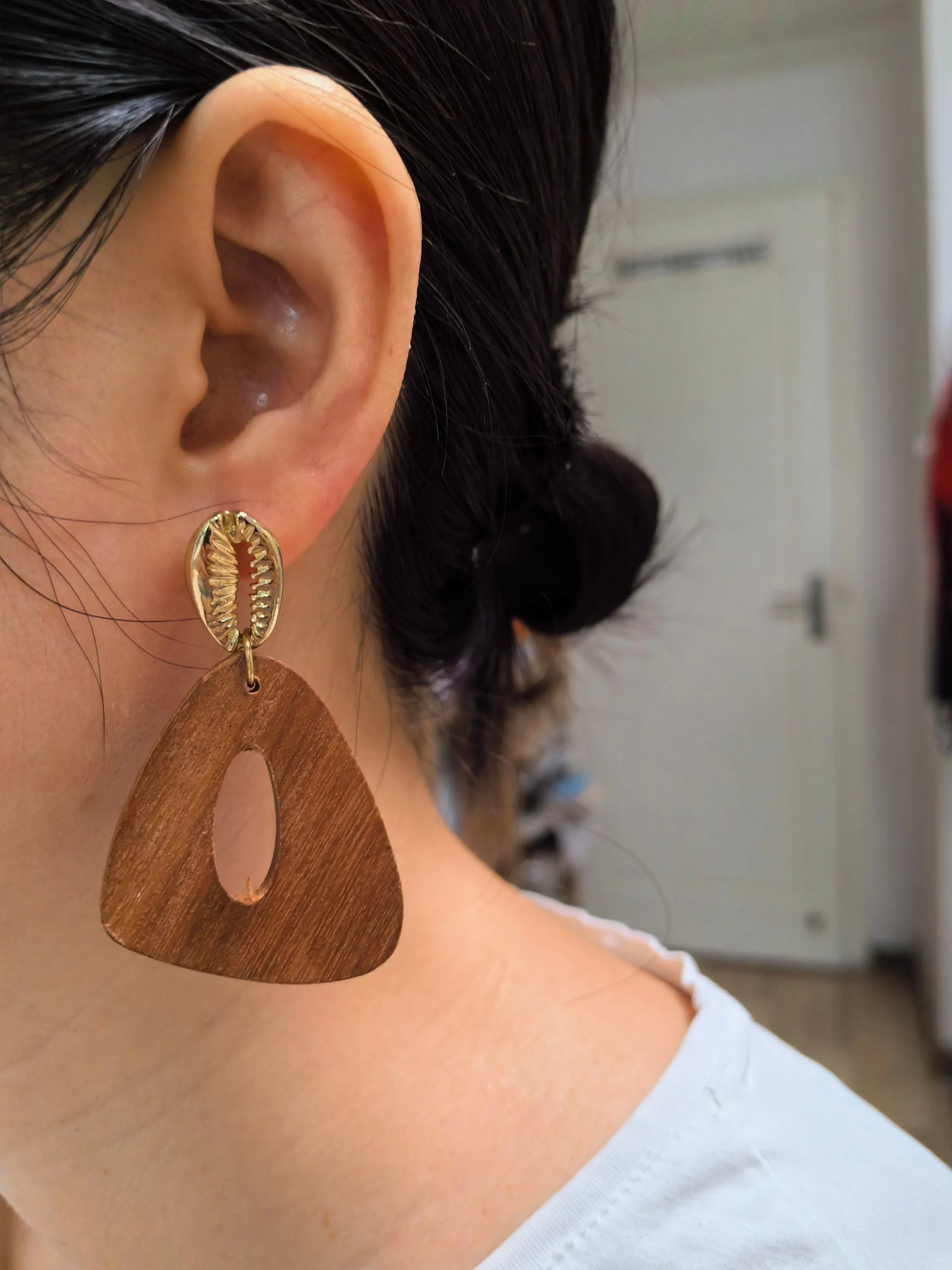 Geometric Wood Triangle Hoop Statement Drop Earrings