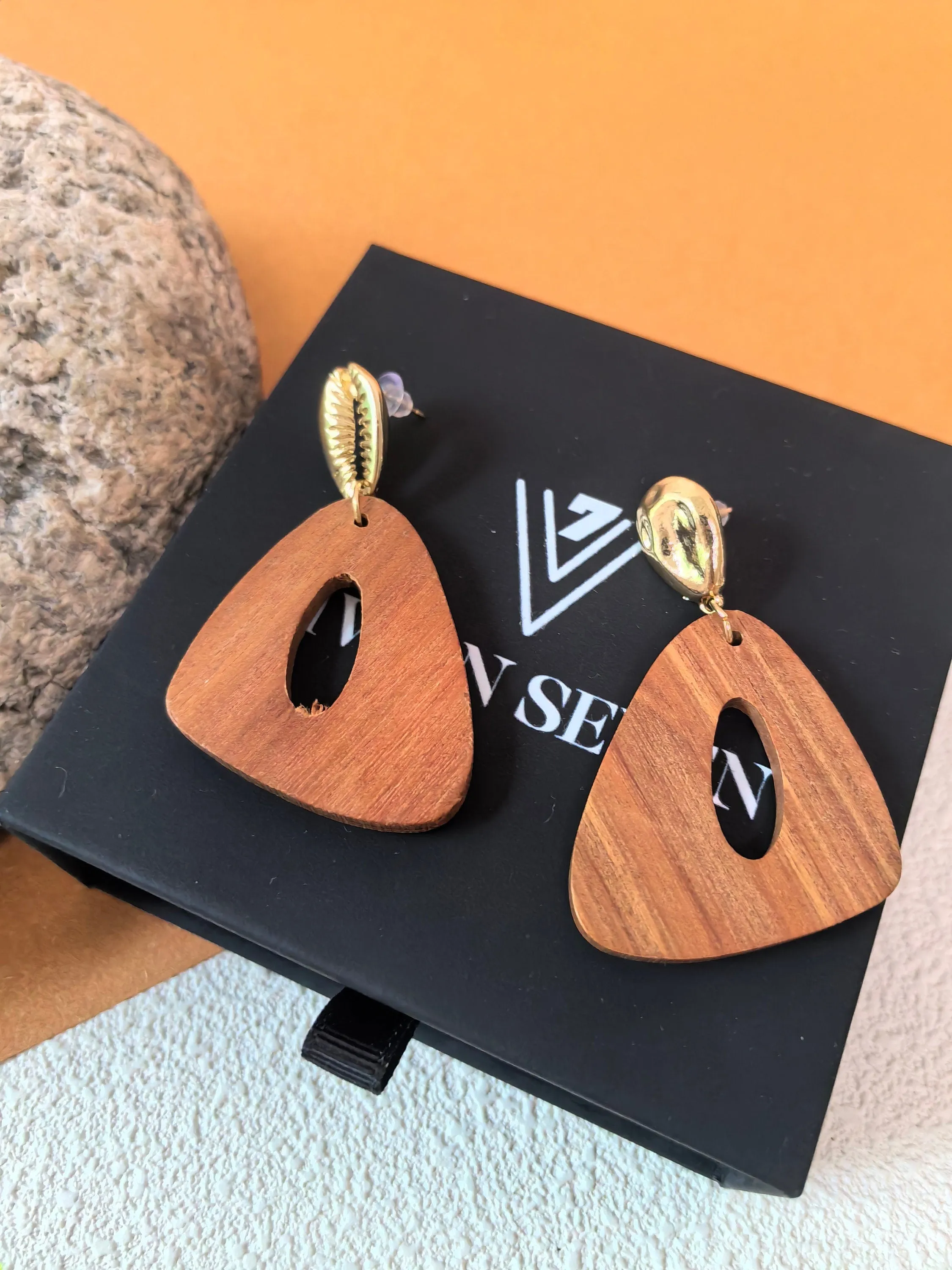 Geometric Wood Triangle Hoop Statement Drop Earrings