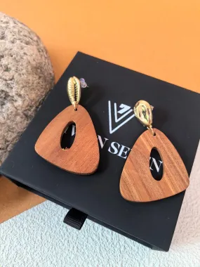 Geometric Wood Triangle Hoop Statement Drop Earrings