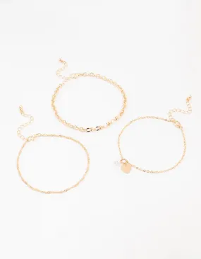 Gold Pearl Heart Drop Anklets 3-Pack