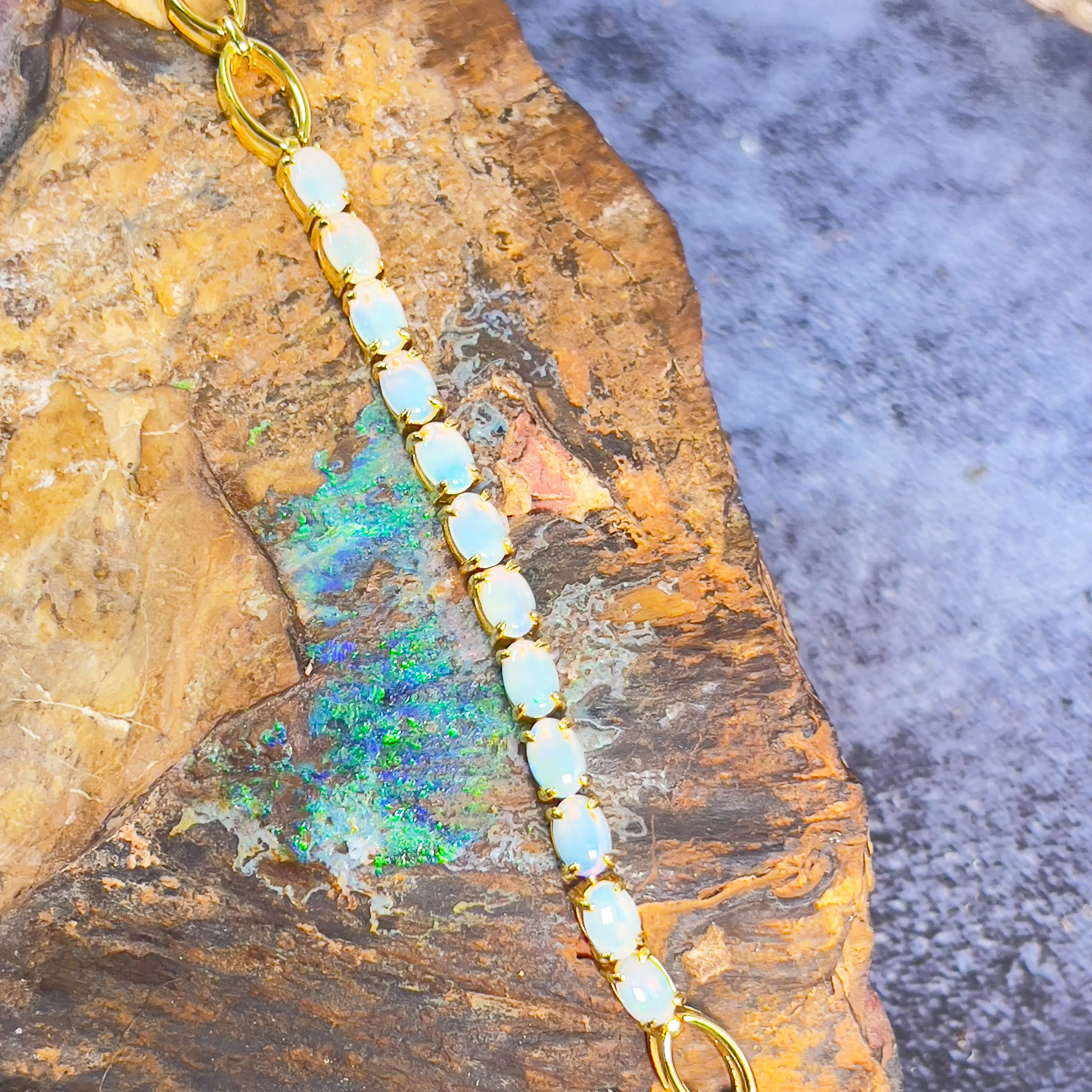 Gold Plate Silver 6x4mm White Opal tennis bracelet style