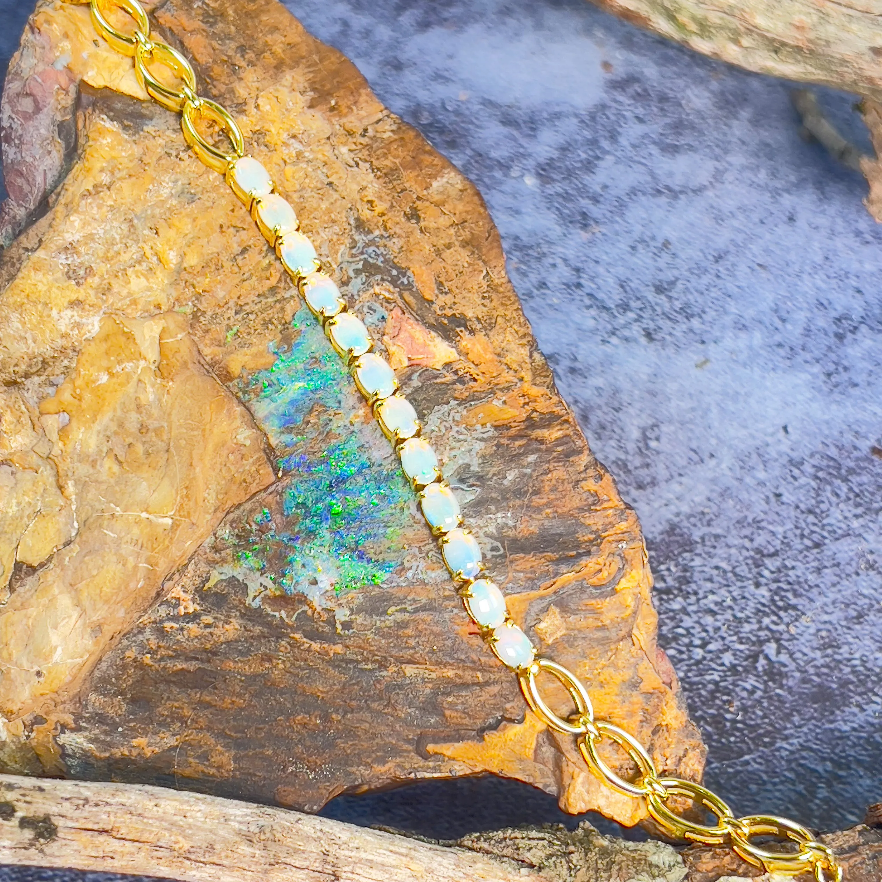 Gold Plate Silver 6x4mm White Opal tennis bracelet style
