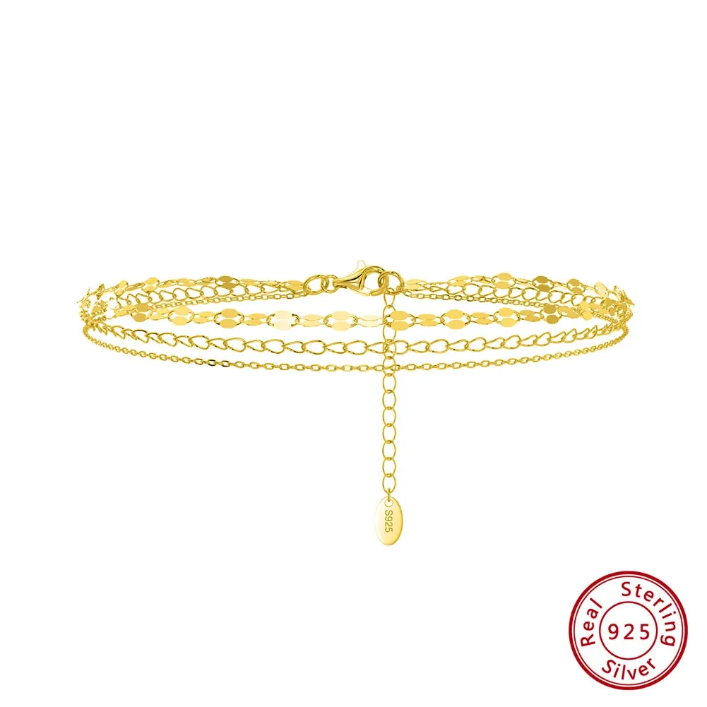 Gold Plated Layered Chain Anklet Silver 925 Women Summer Foot Chain Bracelet