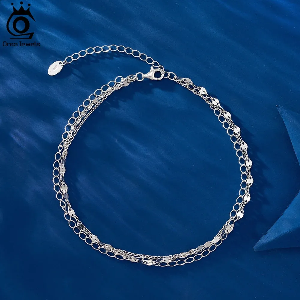 Gold Plated Layered Chain Anklet Silver 925 Women Summer Foot Chain Bracelet