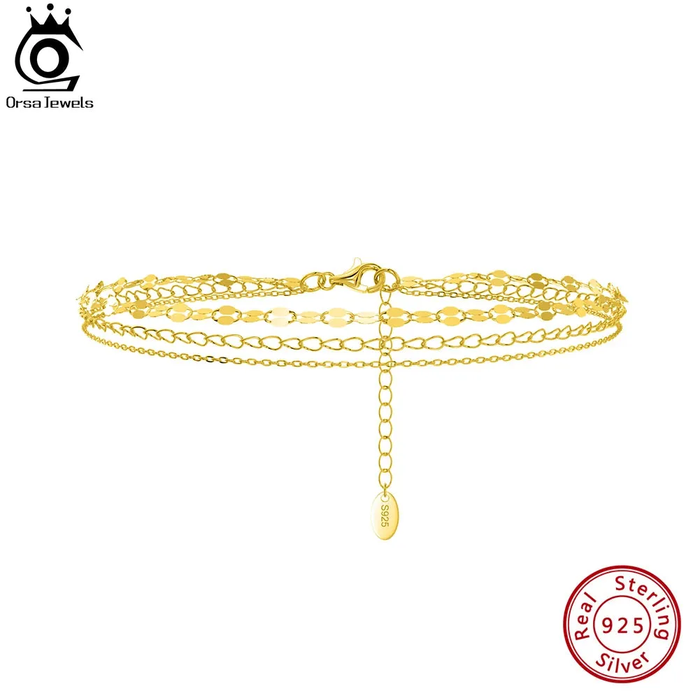 Gold Plated Layered Chain Anklet Silver 925 Women Summer Foot Chain Bracelet