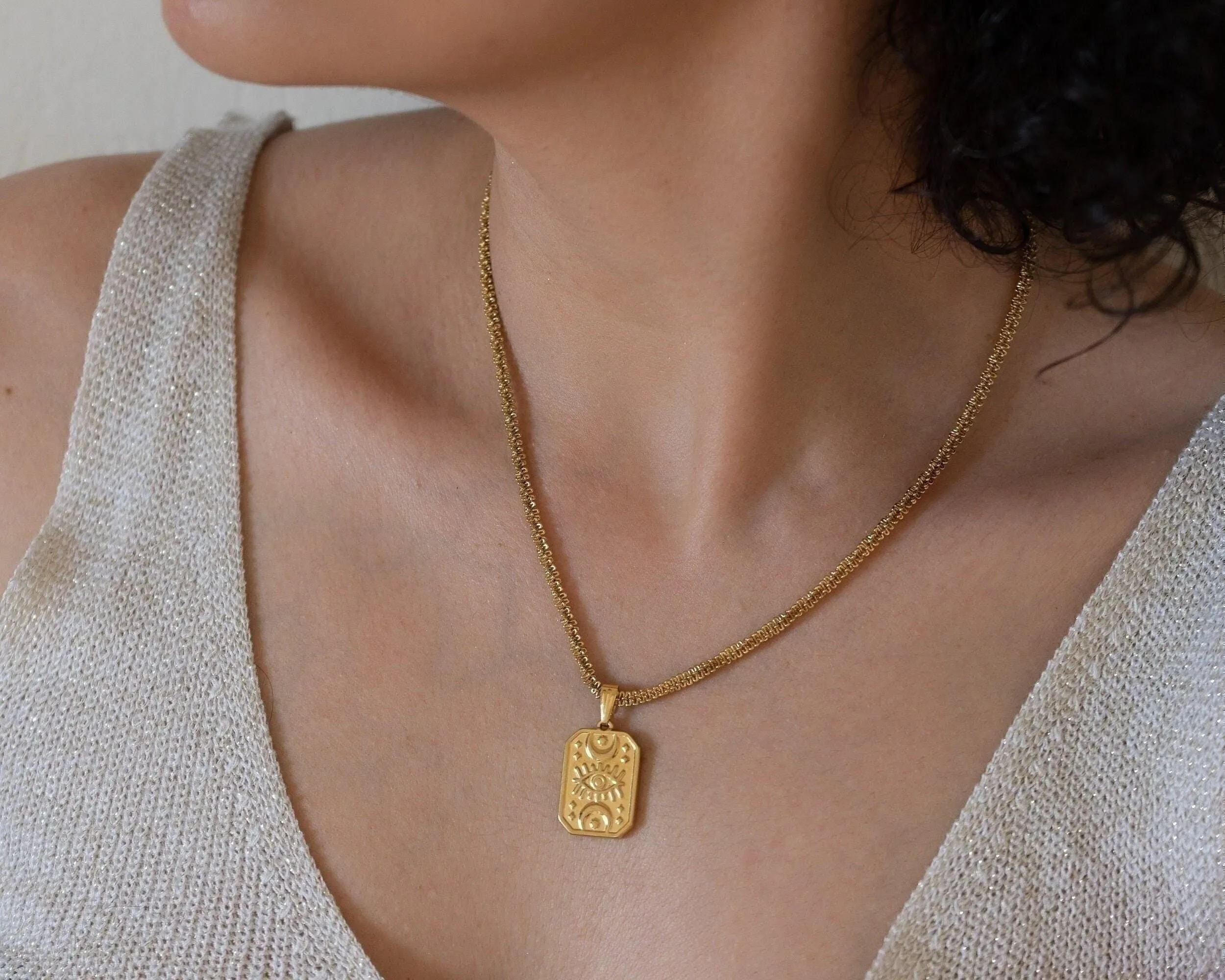 Gold Rectangle Moon Evil Eye Pendant