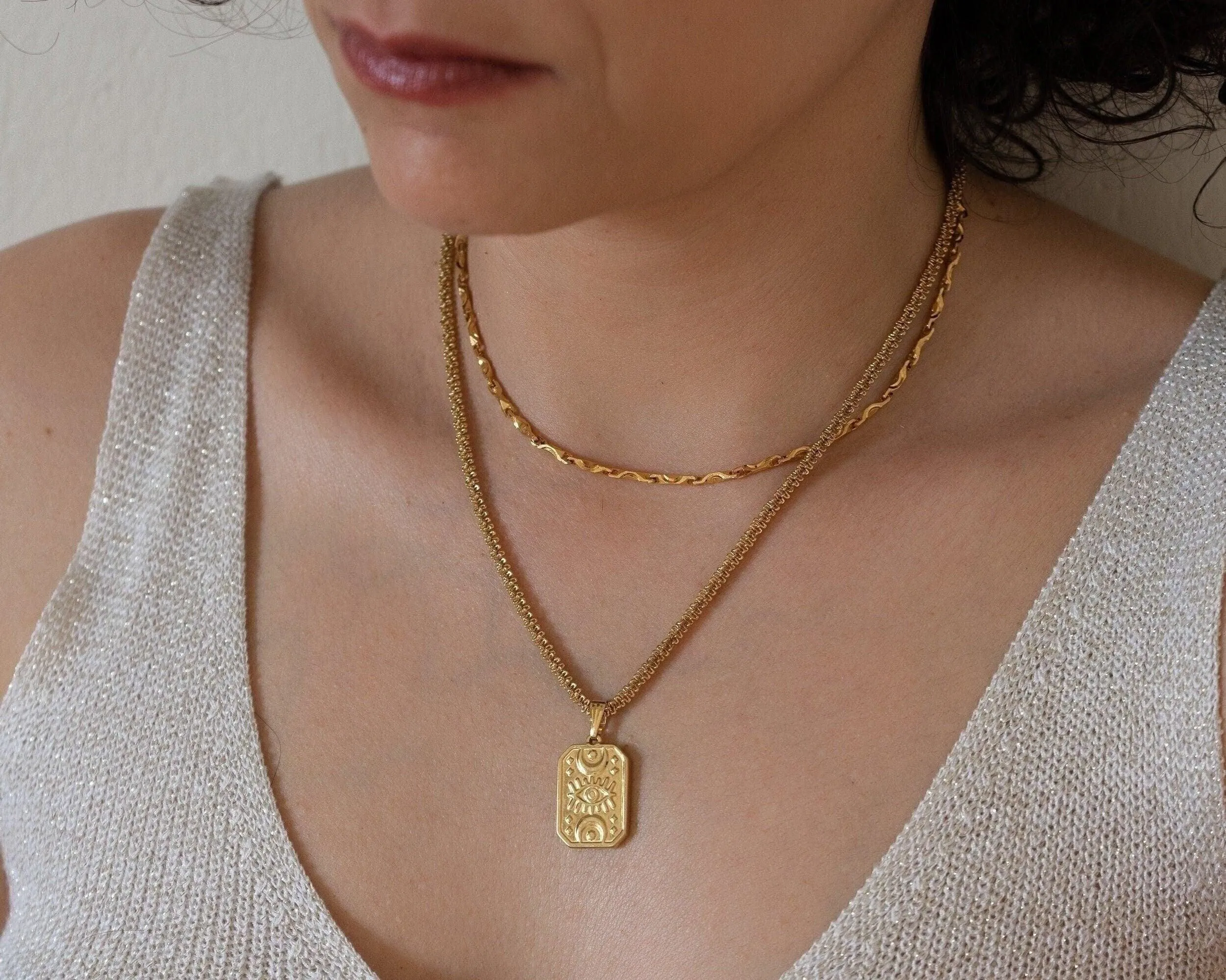 Gold Rectangle Moon Evil Eye Pendant