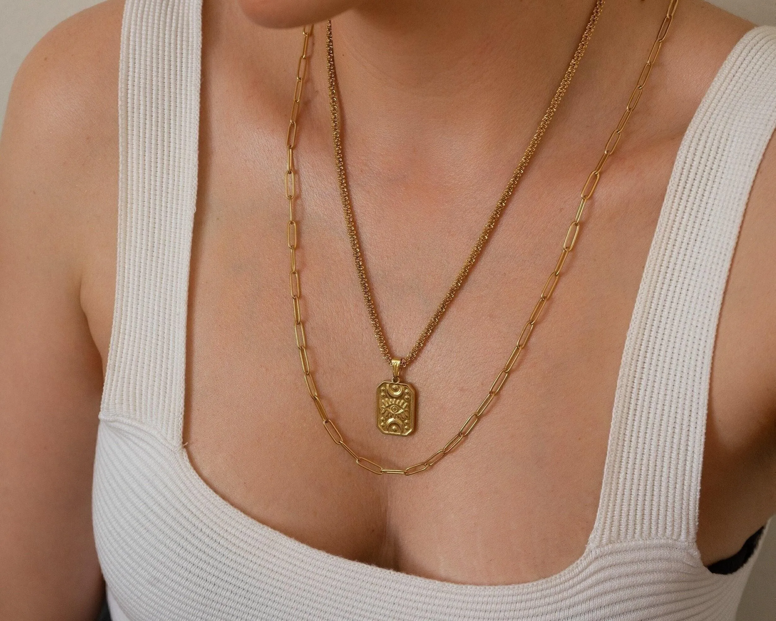 Gold Rectangle Moon Evil Eye Pendant