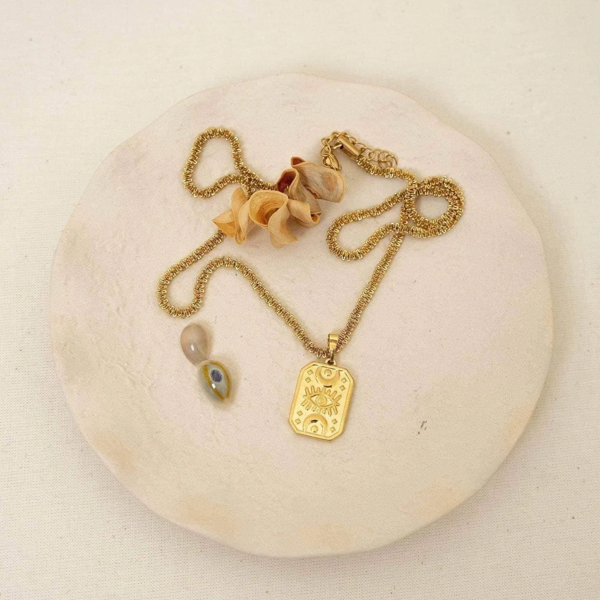 Gold Rectangle Moon Evil Eye Pendant