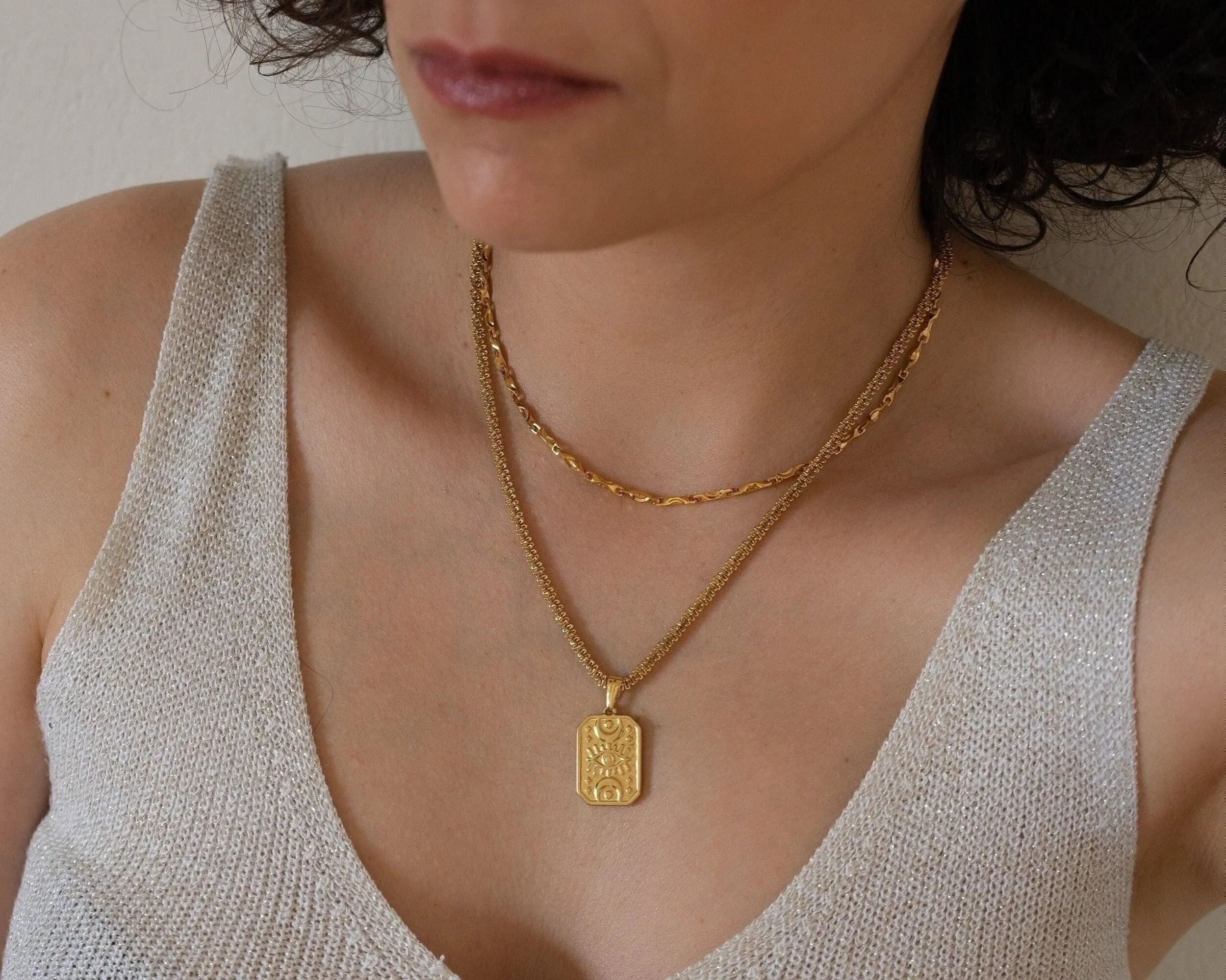 Gold Rectangle Moon Evil Eye Pendant