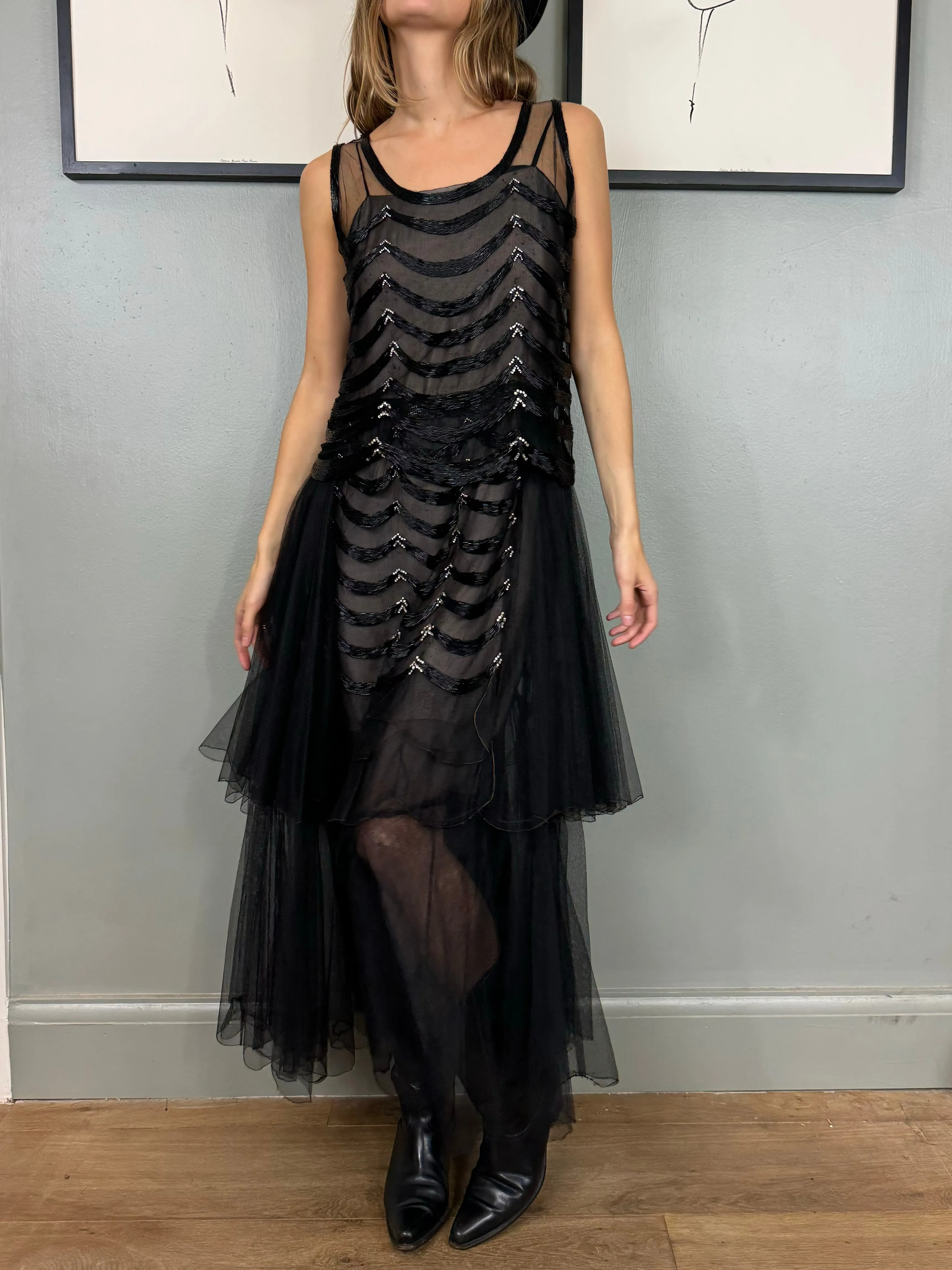 Jasmine, 30s black net and beaded dress