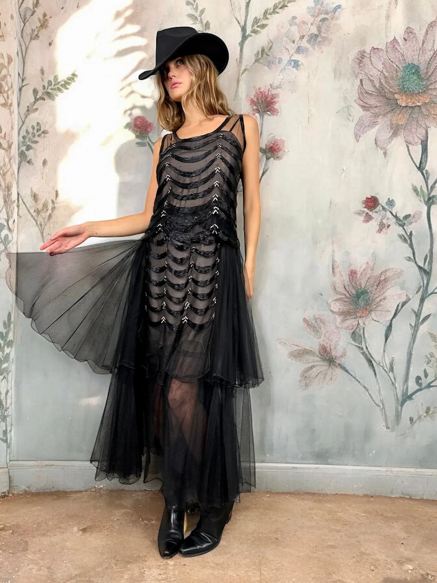 Jasmine, 30s black net and beaded dress