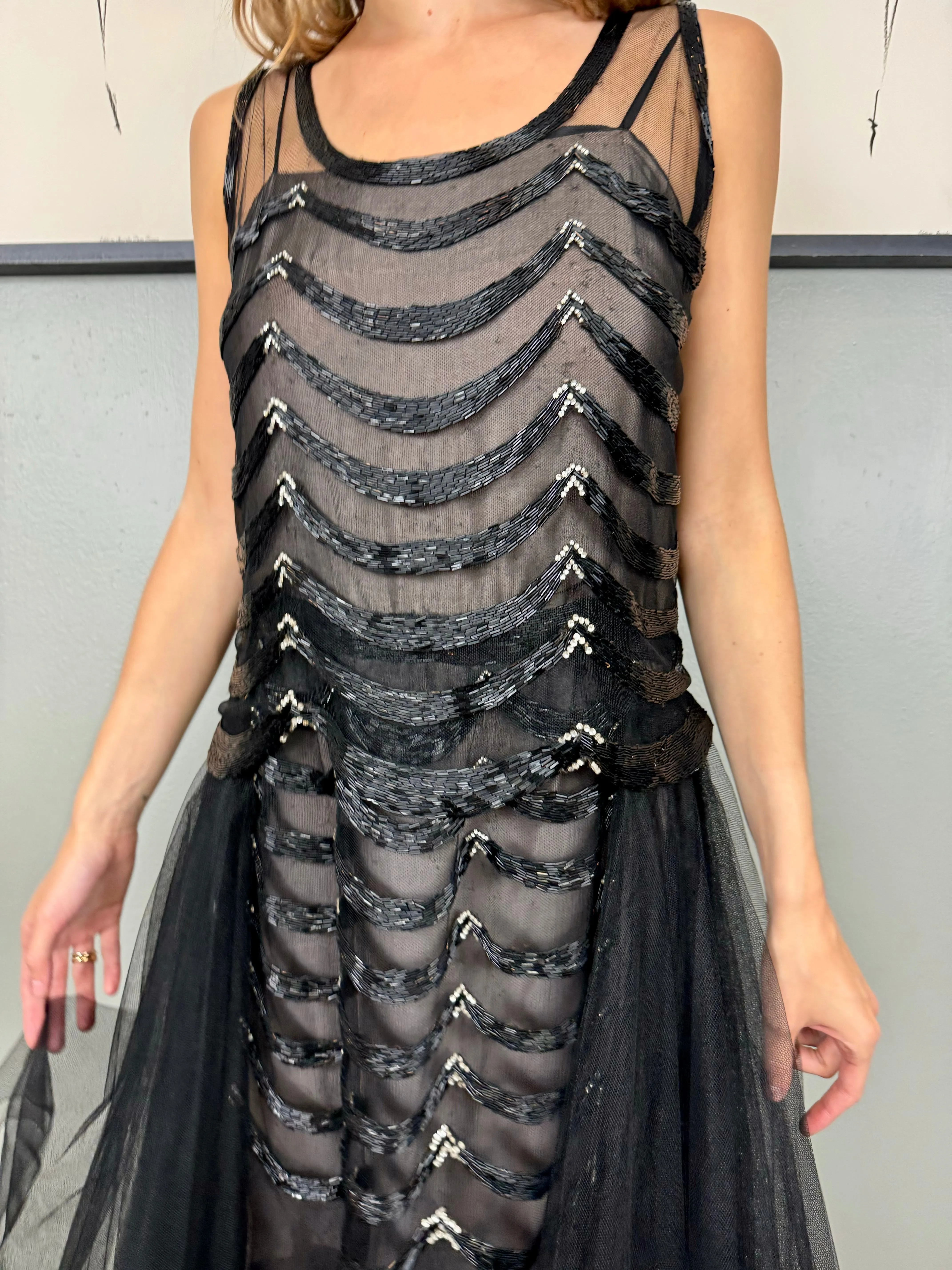 Jasmine, 30s black net and beaded dress