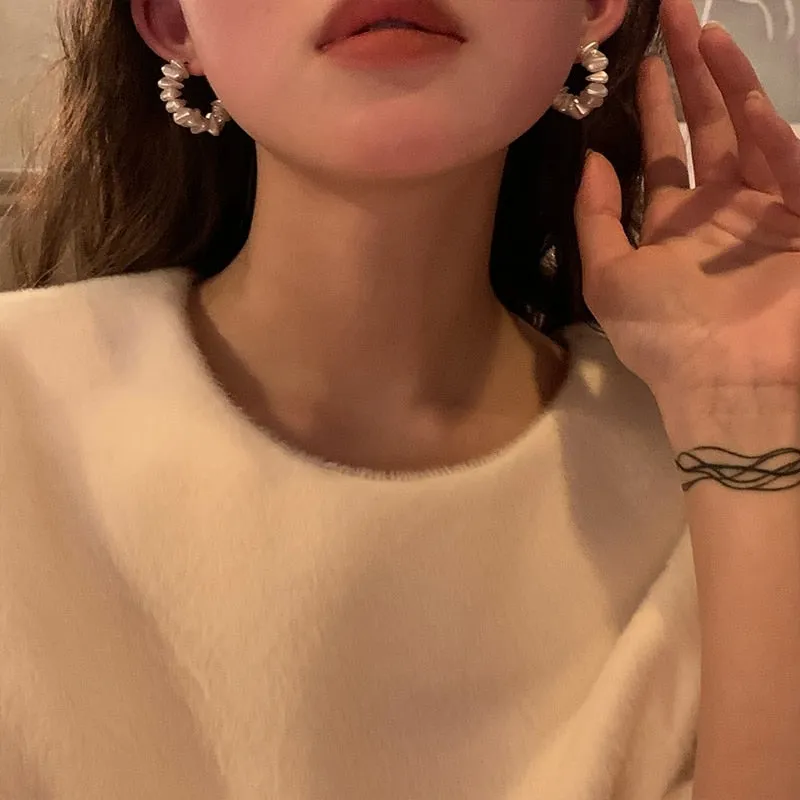 Korean Vintage Irregular Pearl Beads Hoop Earrings For Women