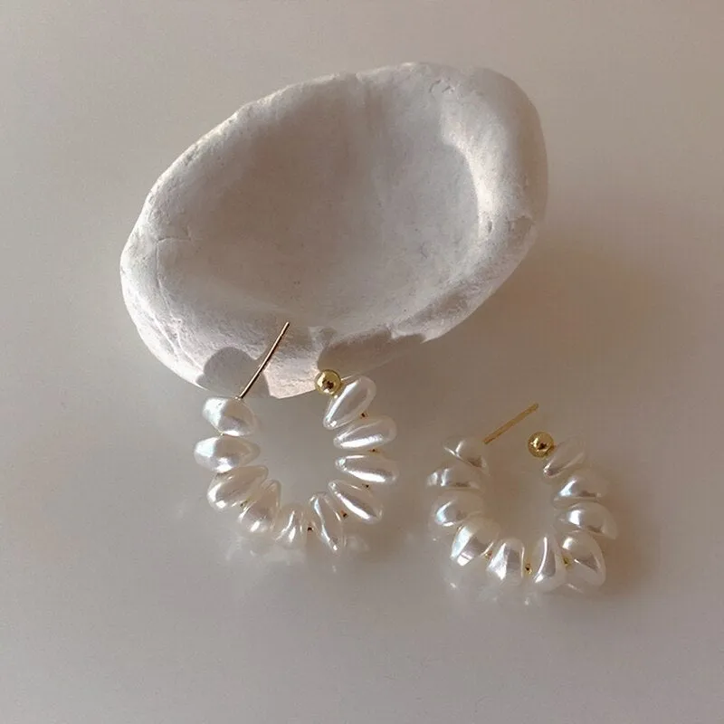 Korean Vintage Irregular Pearl Beads Hoop Earrings For Women