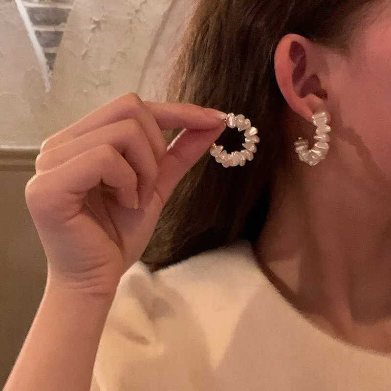Korean Vintage Irregular Pearl Beads Hoop Earrings For Women