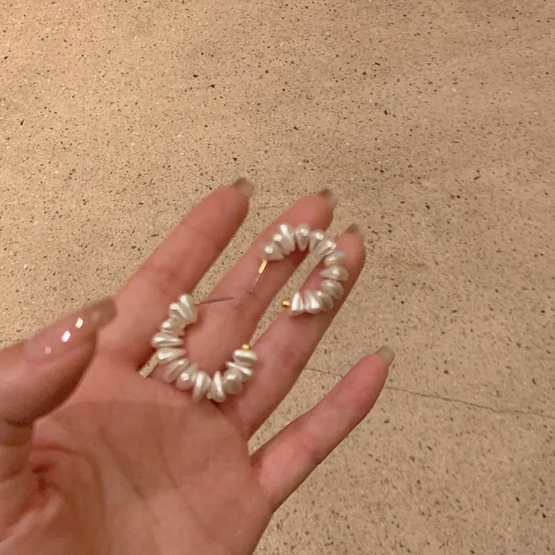 Korean Vintage Irregular Pearl Beads Hoop Earrings For Women