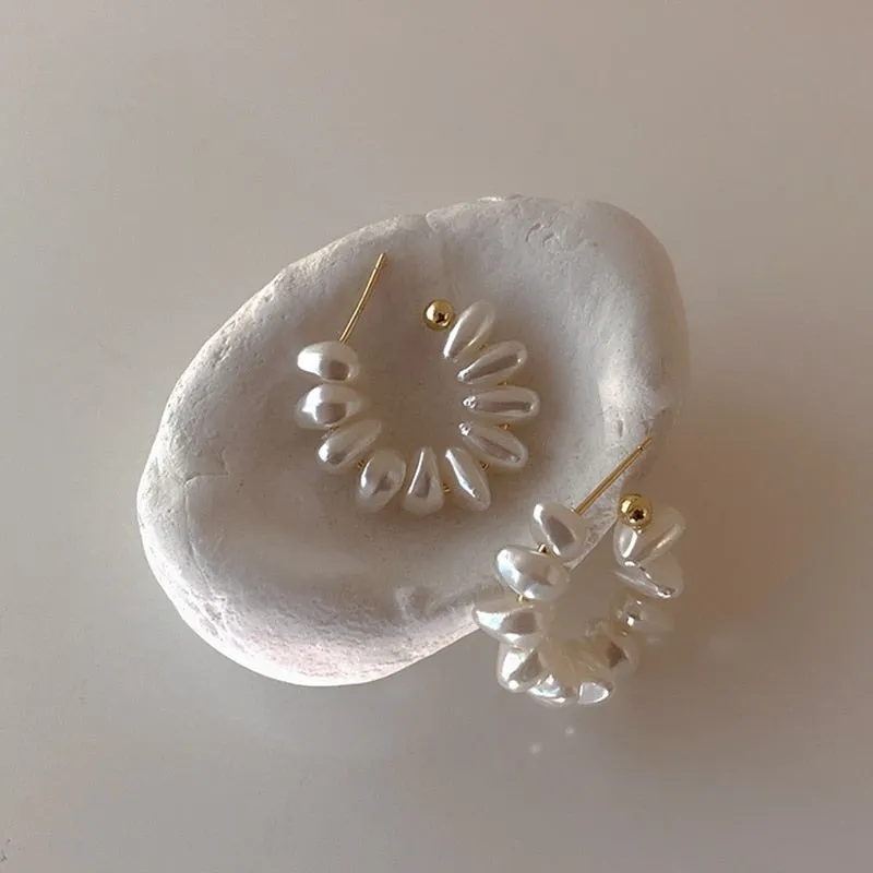 Korean Vintage Irregular Pearl Beads Hoop Earrings For Women