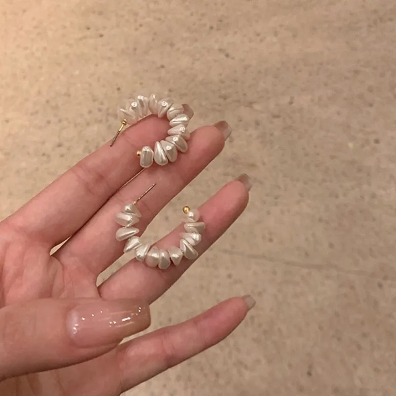 Korean Vintage Irregular Pearl Beads Hoop Earrings For Women