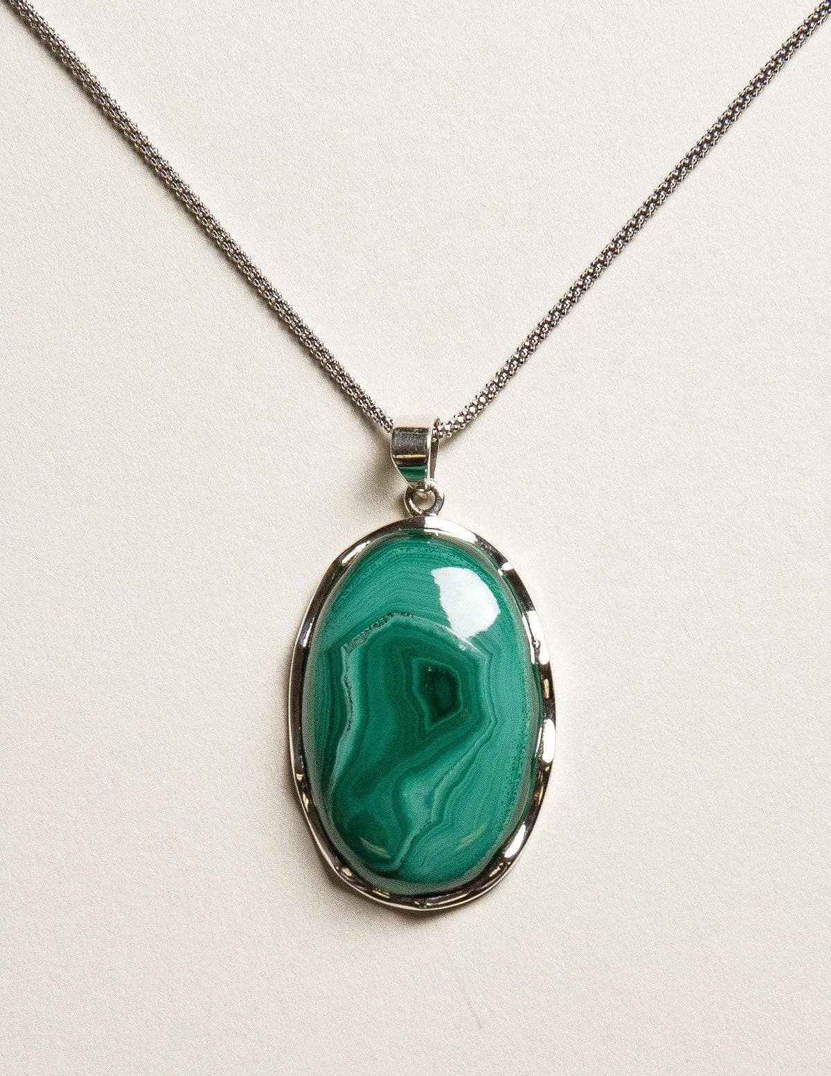 Large Malachite Silver Pendant Necklace