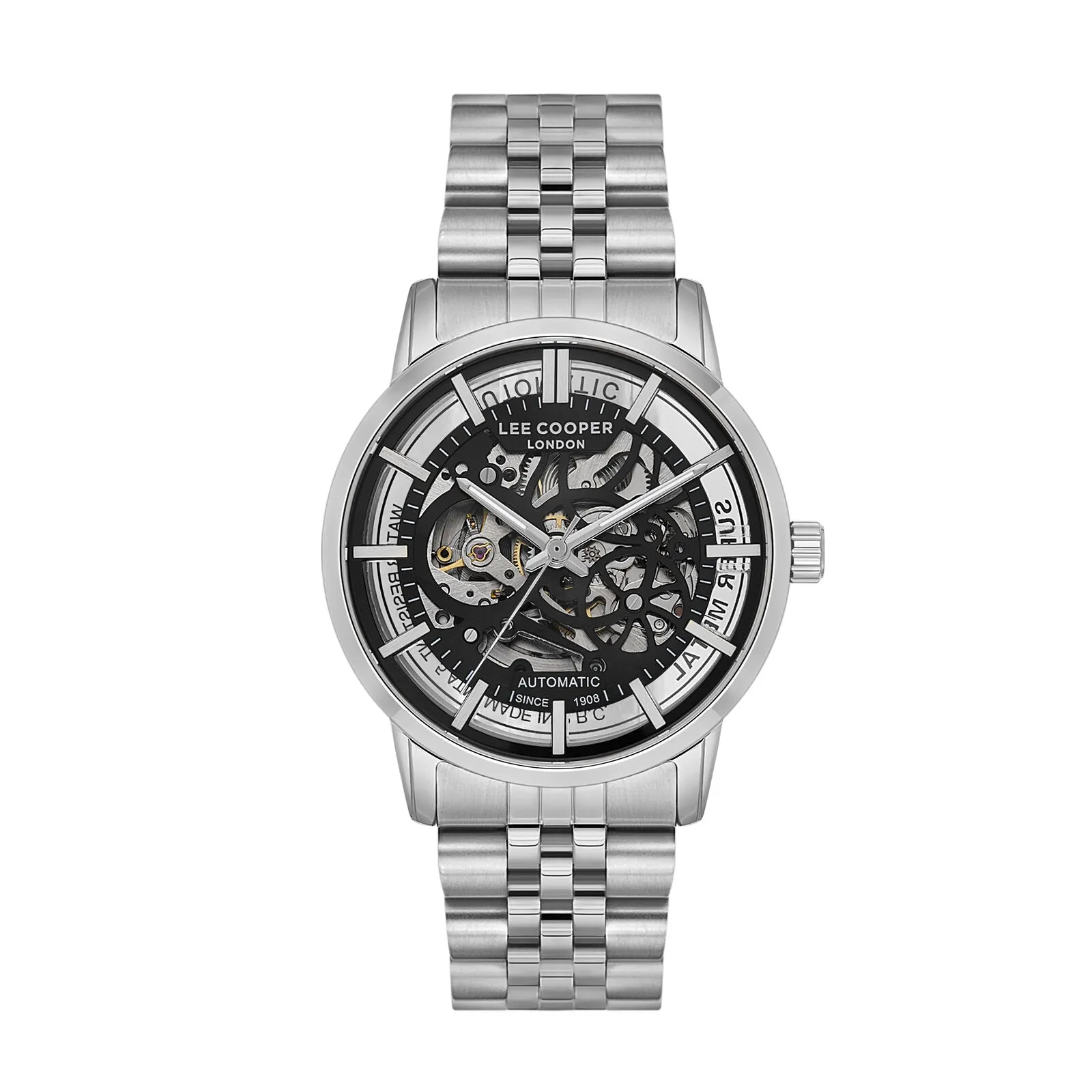 Lee Cooper Men's Automatic Watch Analog Black Dial with Silver Stainless Steel Band, LC08036.350