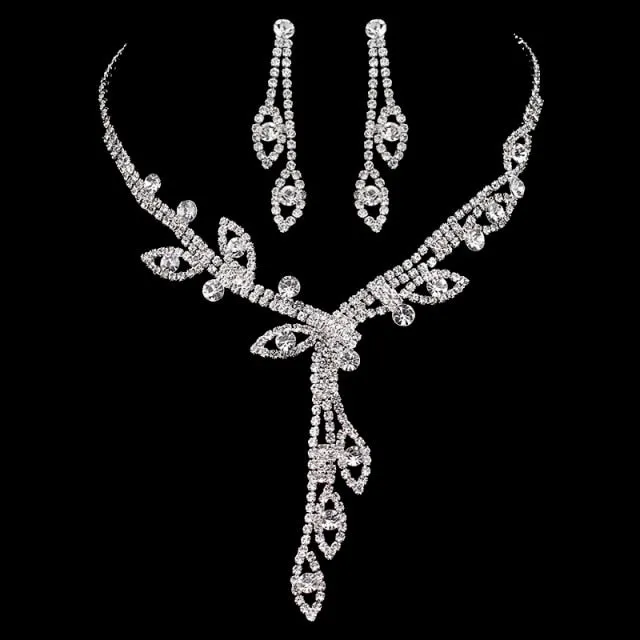 Luxury Silver Color Crystal Choker Necklace Earrings Jewelry Set