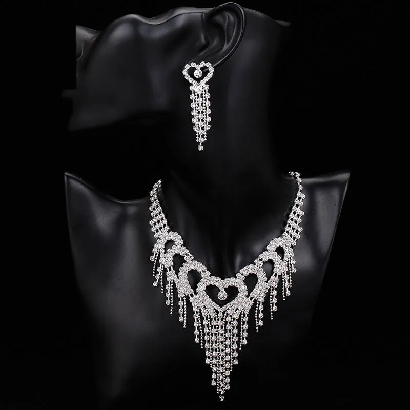 Luxury Silver Color Crystal Choker Necklace Earrings Jewelry Set