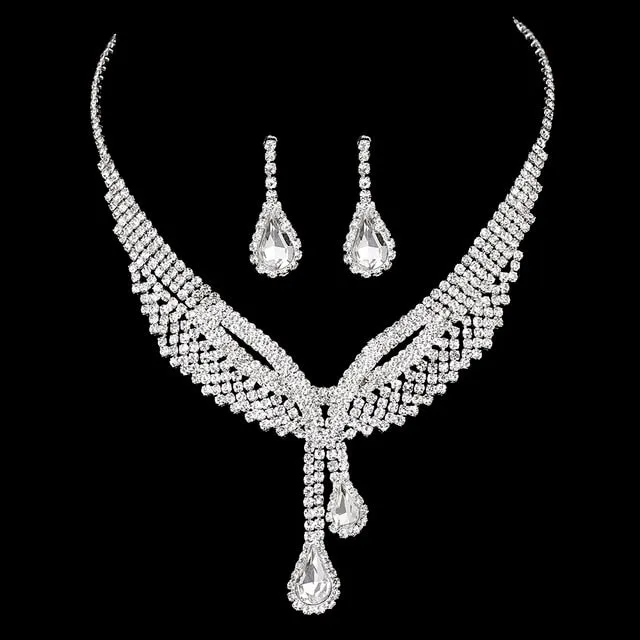 Luxury Silver Color Crystal Choker Necklace Earrings Jewelry Set