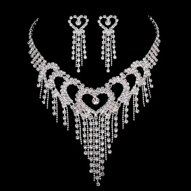 Luxury Silver Color Crystal Choker Necklace Earrings Jewelry Set