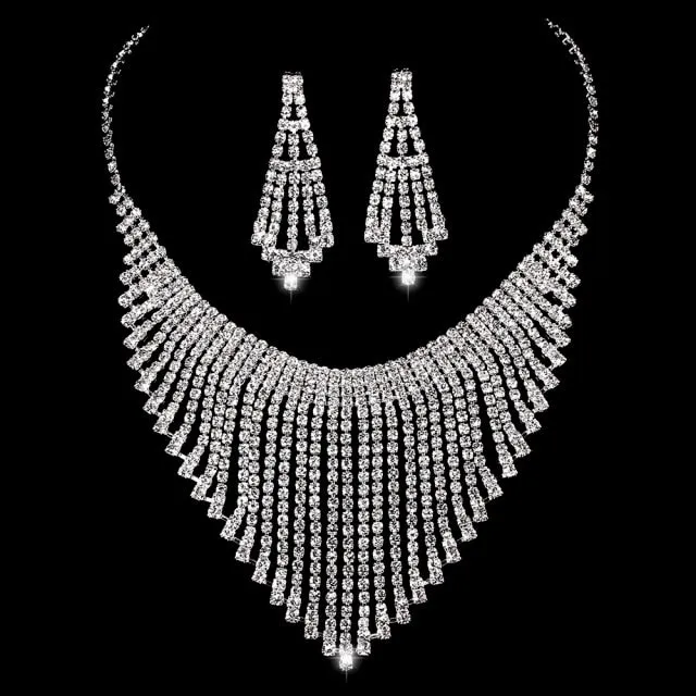 Luxury Silver Color Crystal Choker Necklace Earrings Jewelry Set